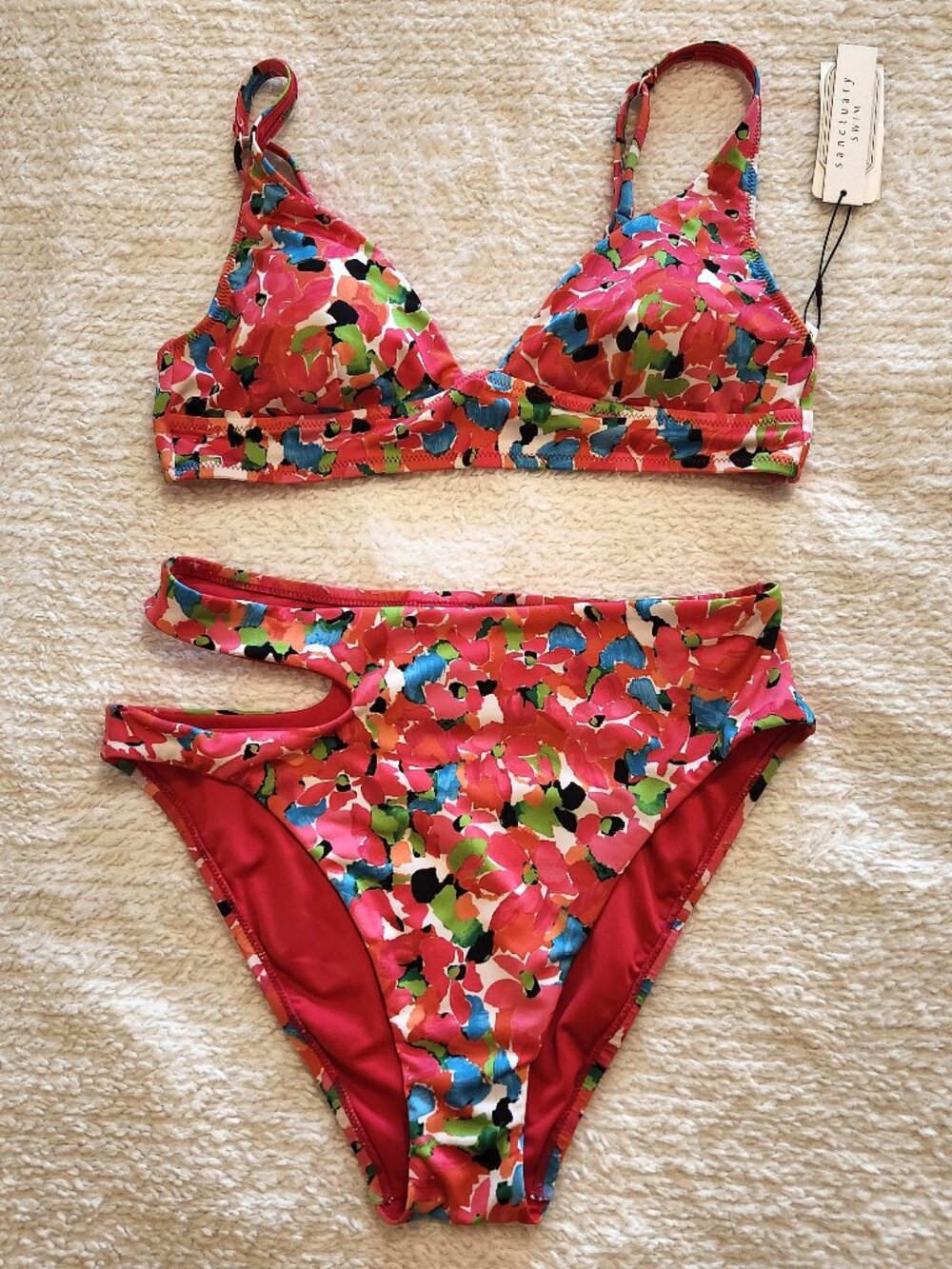 NWT Sanctuary Swim Eco-Chic Floral 2 Piece High Waist Triangle Top SwimsuitLarge